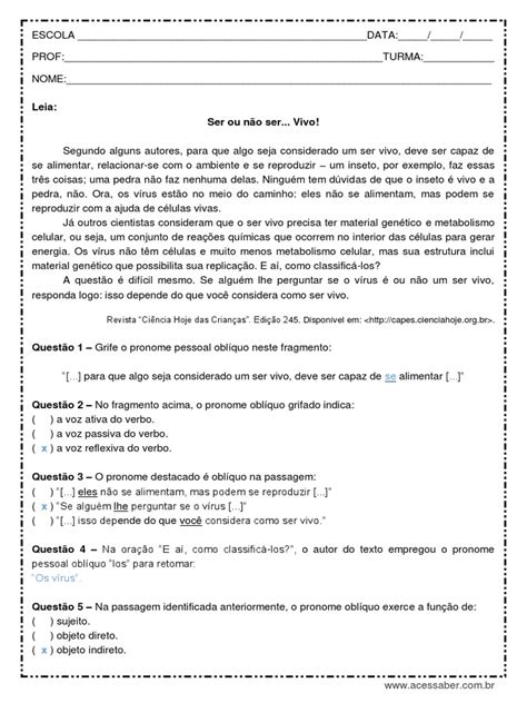 Atividade De Portugues Pronomes Pessoais Obliquos 8º Ano Respostas Pdf