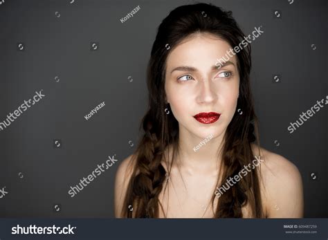 Portrait Beautiful Naked Brunette Girl Red Stock Photo Shutterstock