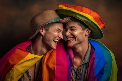 Una Hermosa Pareja Gay Feliz Con Los Colores Del Arco Iris En Un Campo De Flores Fondo De