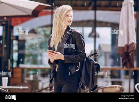 Beautiful Blonde In A Cafe Stock Photo Alamy