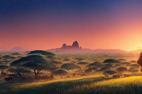 Premium Photo Savannah With Trees Green Grass Bushes And Mountains On