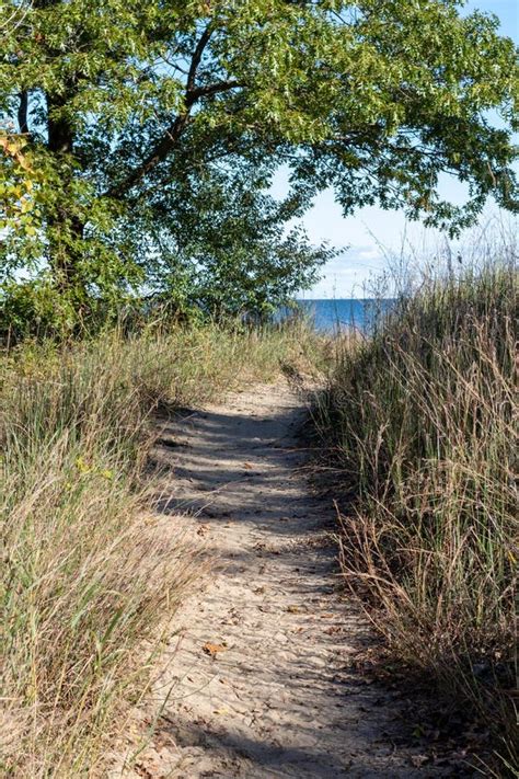 Sandy Beach Path Leading To Blue Lake On Horizon Stock Image Image Of