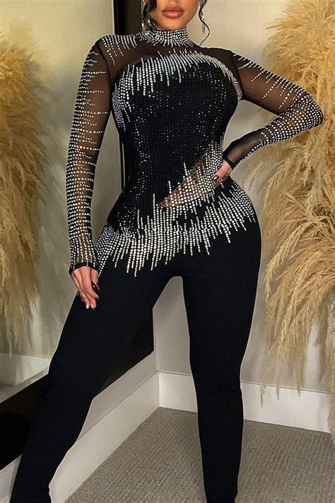 Wholesale Black Elegant Solid Patchwork Mesh Hot Drill Turtleneck Skinny Jumpsuits K Online
