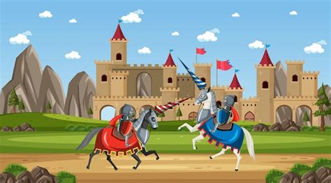 Escena De Batalla Medieval En Estilo De Dibujos Animados Vector Premium