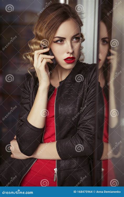Beautiful Brunette Spy Agent Killer Or Police Woman In Leather Jacket