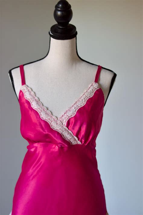 S Vintage Hot Pink Satin Mini Slip Dress With White Lace Trim Size M L Etsy