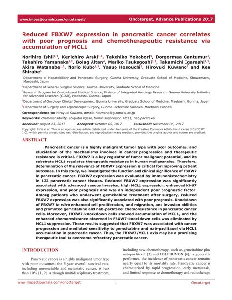 Pdf Reduced Fbxw Expression In Pancreatic Cancer Correlates With