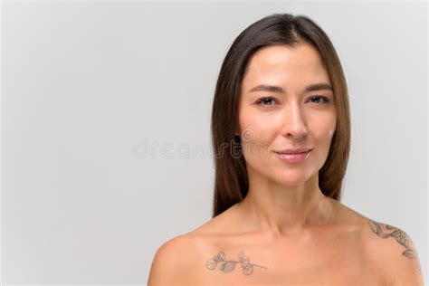 Headshot Of Asian Female With Naked Shoulders Isolated On Grey Background Stock Image Image Of