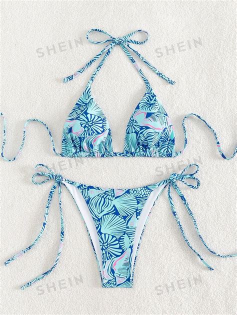 Shein Swim Conjunto De Bikini De Dos Piezas Con Estampado Todo Sobre Halter Y Sujetador
