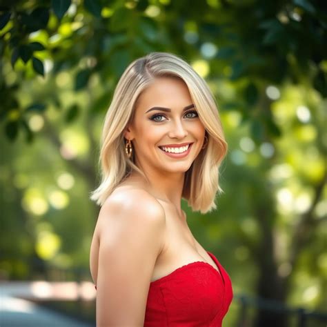 Stunning Blonde Beauty In Red Dress Captivating Outdoor Portrait
