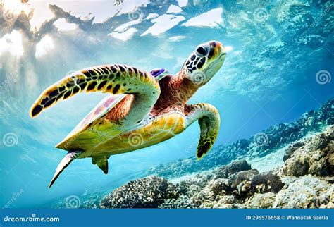 Green Sea Turtle Swimming Underwater In The Sea Stock Illustration