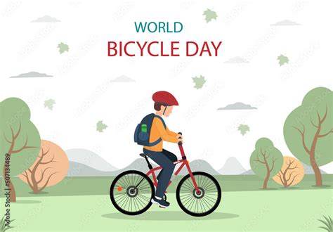 World bicycle day poster with young boy riding bicycle on the nature background, healthy ...