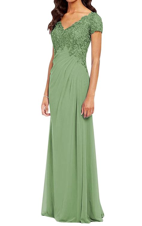 Mother Of The Bride Dress Elegant Jewel Neck Floor Length Chiffon Lace Short Sleeve With Pleats