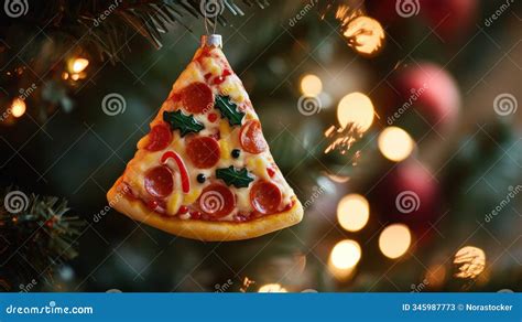Holiday Pizza Slice Ornament Hanging On A Christmas Tree Pic Stock