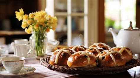 Hot Cross Buns In English Country Cottage Good Friday Religious Holiday And British Cuisine