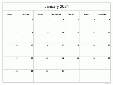 January Printable Calendar 2024 Free