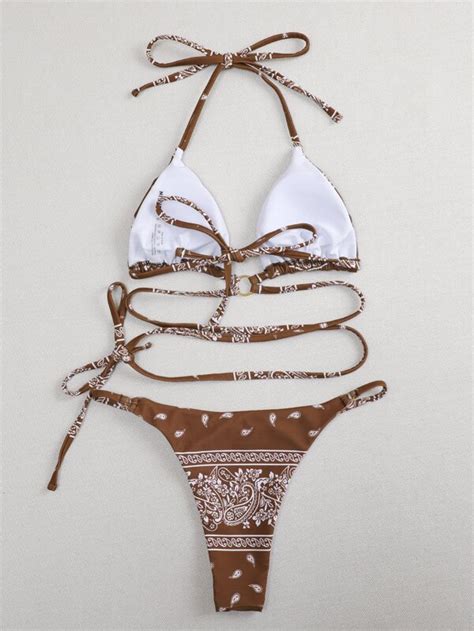 Paisley Triangle Halter Thong Bikini Swimsuit Shein Usa