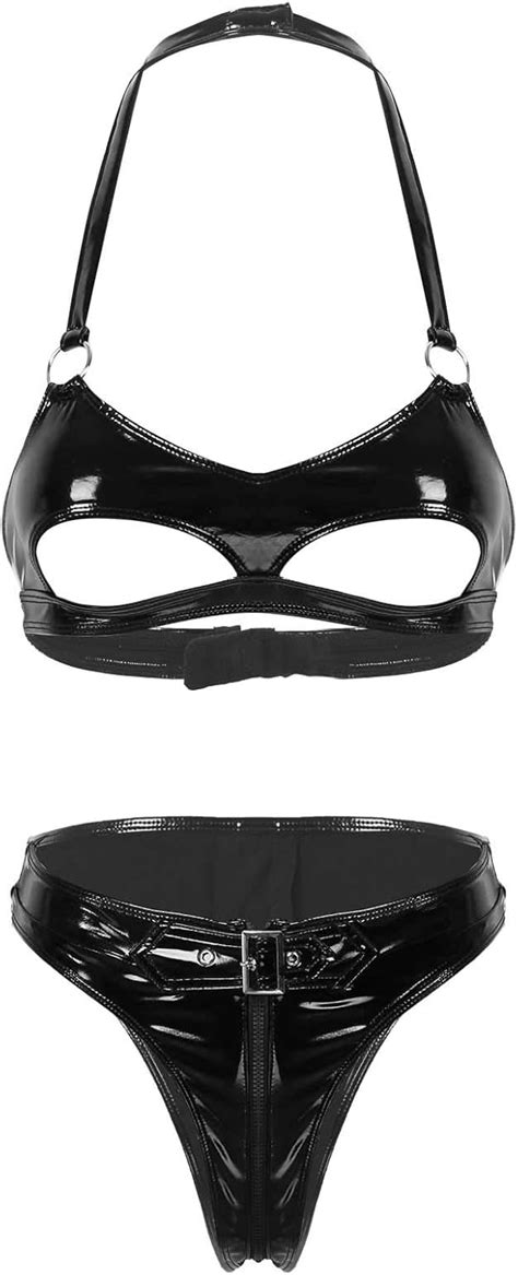 IEFIEL Conjunto de Lencería Bodydoll para Mujer Bikini Push Up Wetlook Brasieres Halter Tangas