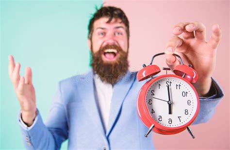 Just In Time Man Bearded Happy Cheerful Businessman Hold Alarm Clock