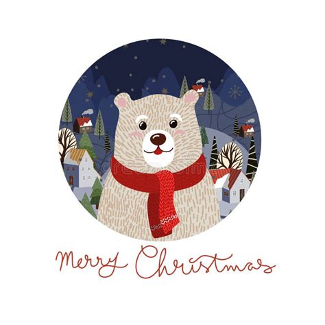 Christmas Card With Cute Polar Bear In A Red Scarf Vector Cartoon Flat