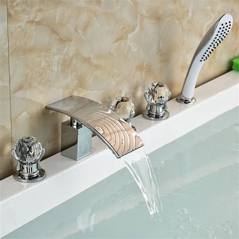 Widespread Three Handles Bathroom Tub Faucet Deck Mount 5pcs Waterfall