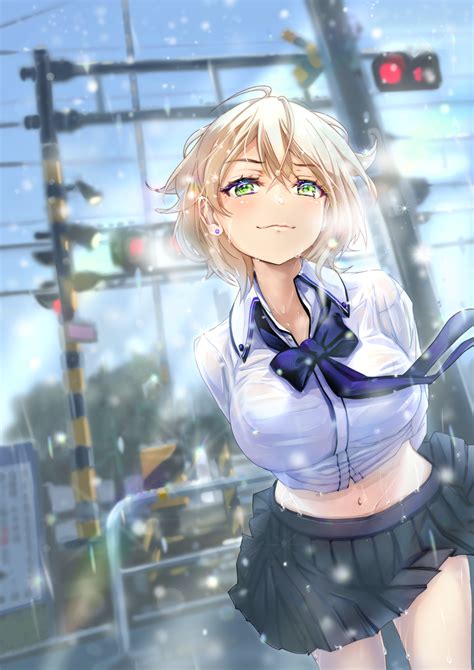 The Big ImageBoard TBIB Girl Blonde Hair Blue Bow Bow Breasts Cloud Dutch Angle Earrings