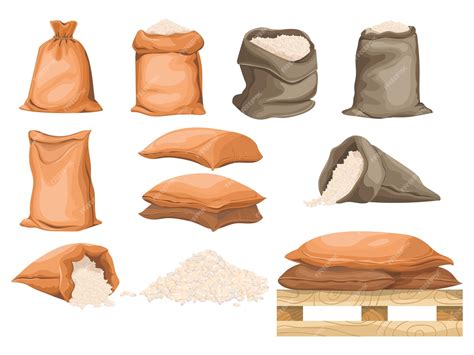 Мешки с мультяшным рисом полный коричневый мешок с поднятым зерном или ...