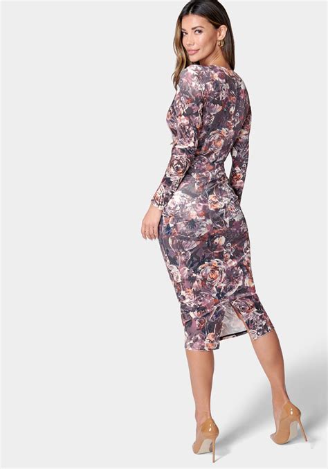 Printed Cinched Waist Midi Dress Bebe