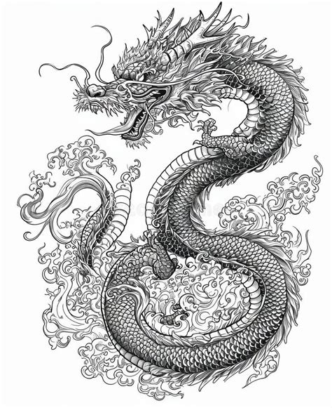 A Black and White Drawing of a Dragon Stock Image - Image of asia ...