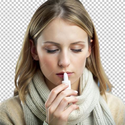 Cute woman nursing nasal cold or allergy Treating common cold or