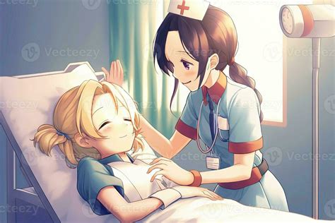 Bonito Anime Enfermero Curación Un Paciente En Hospital Ilustración