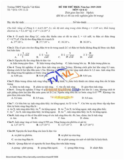 [doc] Đề Thi Thử Hkii Vật Lí 12 Thư Viện Vật Lý