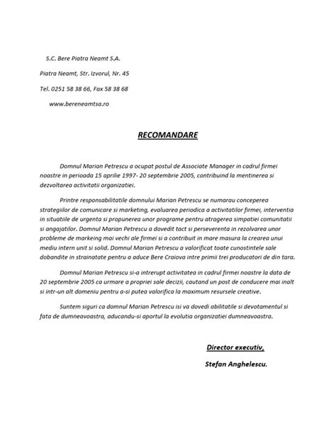 Model Scrisoare De Recomandare Elev