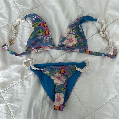 Tularosa Swim Blue Floral Triangle Bikini Set Ruffle Sleeve And Bottom Details Girly Poshmark
