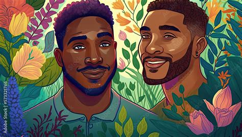 Gay Couple In Springtime Sharing A Lovely Moment In The Garden LGBTQ Art Block Illustration