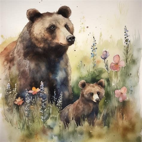 Una Pintura De Acuarela De Un Oso Y Su Cachorro Foto Premium