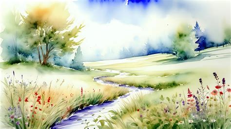 Scenic Watercolor Meadow Landscape | MUSE AI