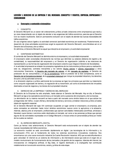 Lección 1 Resumen Derecho De La Empresa Y Del Mercado LecciÓn 1 Derecho De La Empresa Y Del