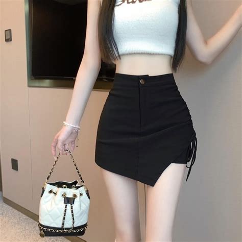 Dây Rút Không Đều Váy Đen Nữ Mùa Hè Hot Girl Cao Cấp Chữ A Phù Hợp Với Váy Tính Khí Giảm Béo