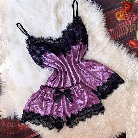 Under Lolmot Velvet Piece Pajamas Set Womens Sexy Lingerie Sleepwear Lace Trim V Neck