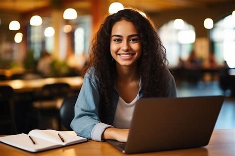 Feliz Estudiante Latina Usando Computadora Port Til En La Biblioteca De La Universidad Sentada