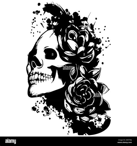 Feminine Skull And Flower Tattoo Hand Drawn Vector Black And White Clip