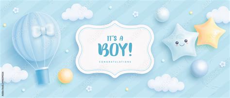 Baby Shower Horizontal Banner With Cartoon Hot Air Balloon Helium