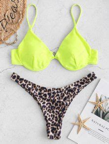 Zaful Leopard Push Up Underwire Bikini Swimsuit In Green Yellow Zaful