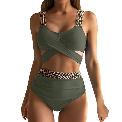 Bikini Set For Women Bathing Suit Tank Swimsuit Mid Waist Deep V Neck Wide Straps Mesh Back Hook