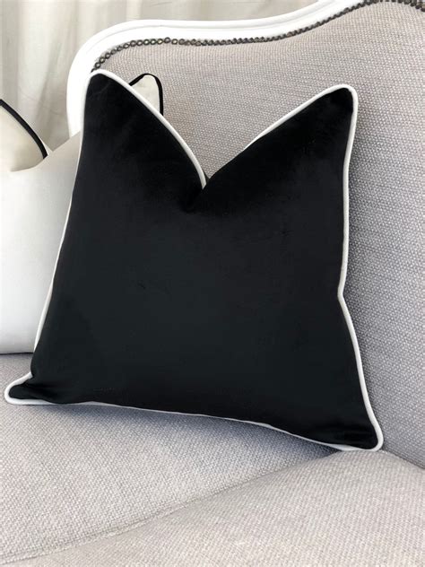 Black Velvet Cushion Cover With Ivory White Contrast Piping Etsy UK