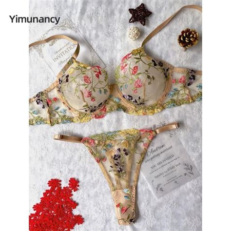 Yimunancy Floral Embroidery Lingerie Set Women Sheer Piece Boho Bra Panty Underwear Set