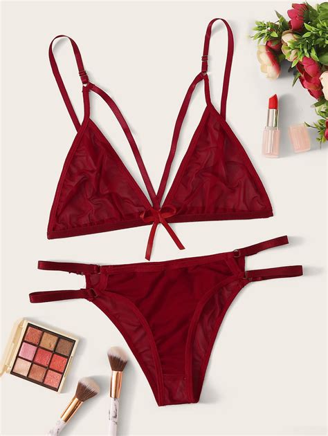 Bow Detail Triangle Mesh Lingerie Set