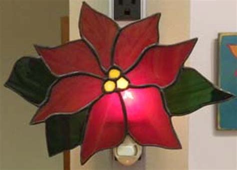 Stained Glass Night Light Red Poinsettia With Olive Green Leaves