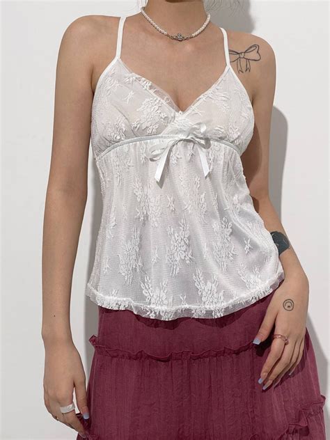 Emmiol Free Shipping 2024 EMMIOL Lace Up Floral Cami Top White M In